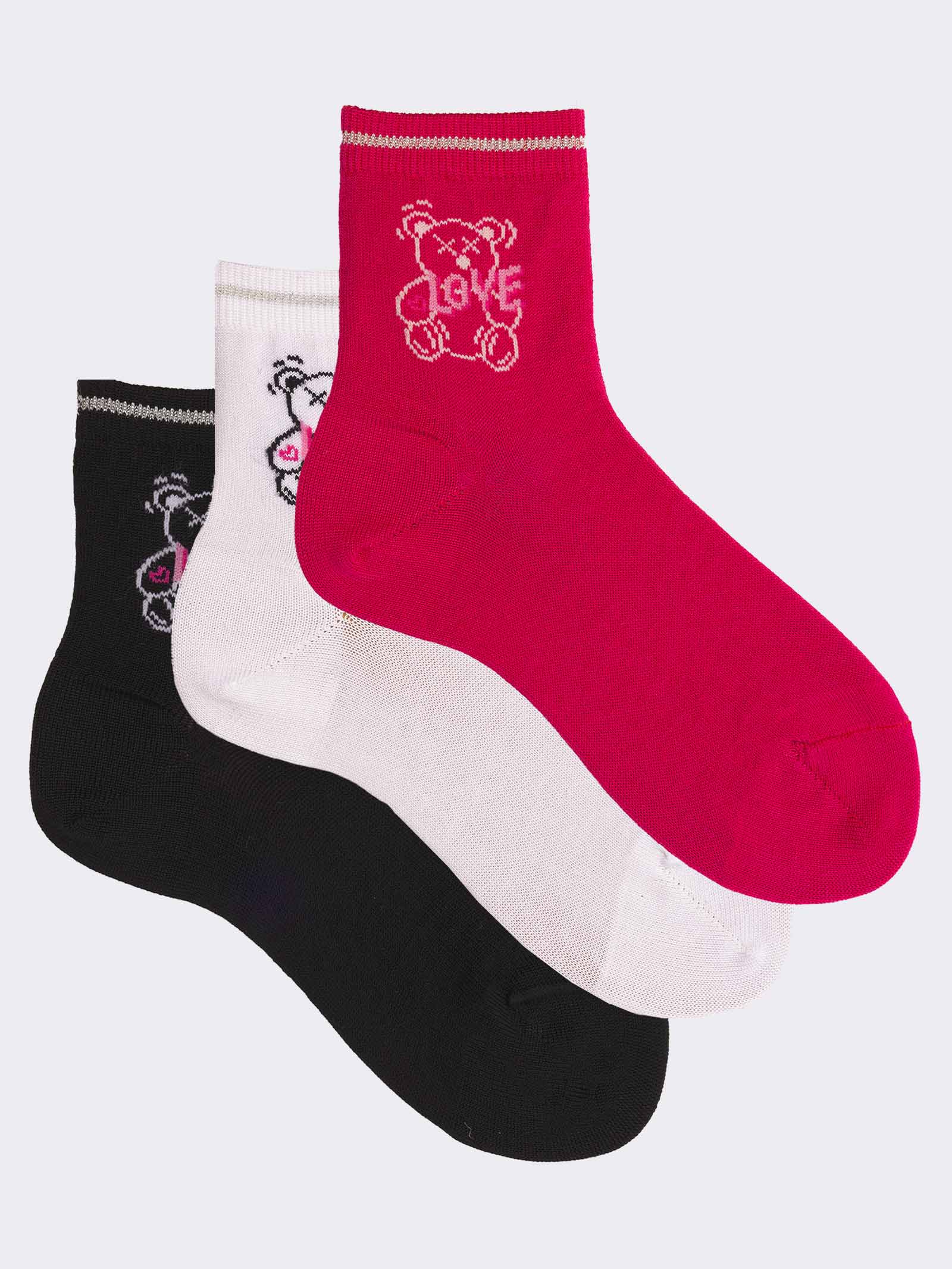 Tris calze corte da bambina fantasia Orso in fresco Cotone